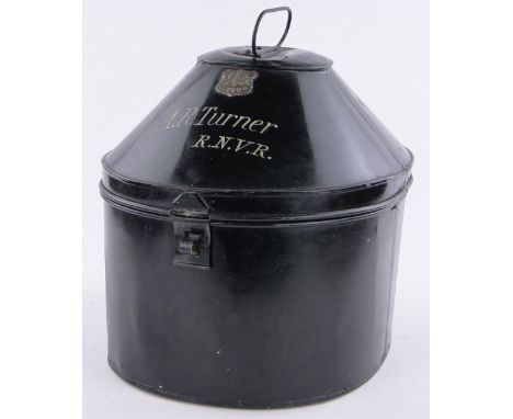 A Gieves military hat tin,inscribed A R Turner, R N V R, length 16"