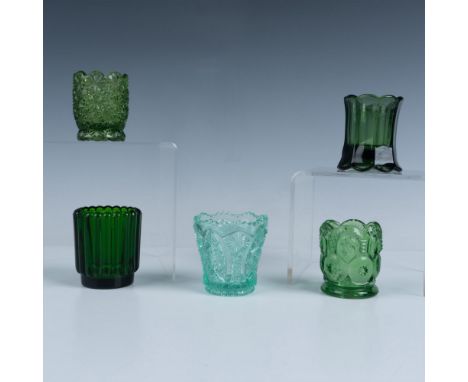 A charming set of five toothpick holders that features four in deep green and one in vibrant teal, adorned with elegant cuts,