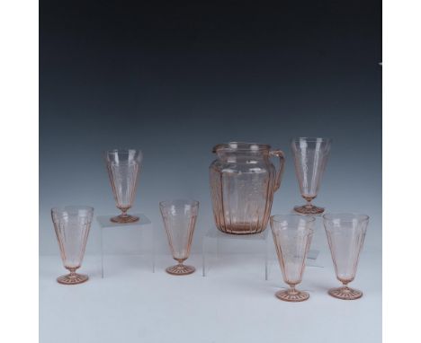 Lovely pink depression glass with molded rose pattern and paneled sides. Set includes 80 oz. drink pitcher 7.5"L x 6.5"W x 8.