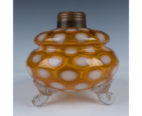 Beautifully crafted amber glass with a white dots pattern, three-footed hurricane kerosene oil lamp. Does not include the top