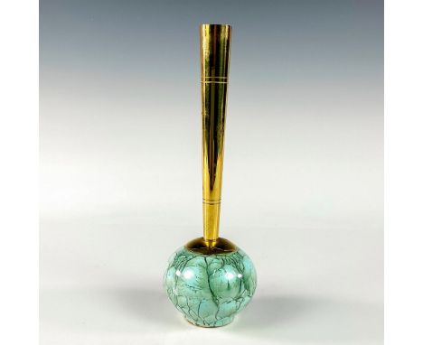 Turquoise with lustre finish and branch patterning. Round body. Narrow brass spout. Hand Painted Delft Holland on bottom. Thi