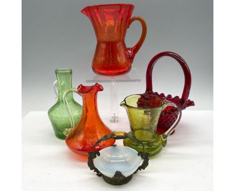 Lovely assortment of colored crackle glass included is orange creamer (5"H), avocado green pitcher (3.5"H), green with clear 