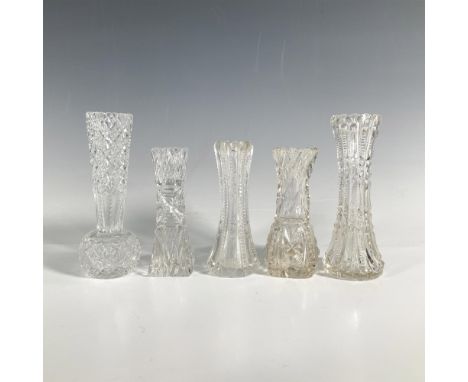 A delightful set of five mini clear vases, each uniquely decorated with abstract patterns of stars, diamonds, dots, lines, an
