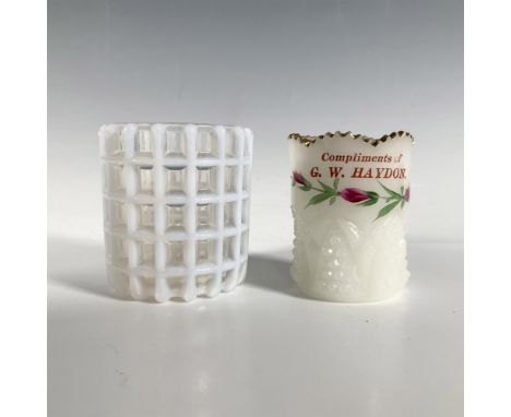 Two charming miniature vases, one clear with a high relief white grid pattern and the other white with a gilded rim, painted 