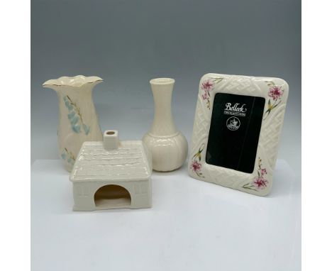 Darling collection of Belleek that includes a bud vase, a bluebell decorated vase, a country trellis picture frame, and a mod