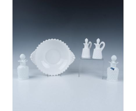 Magnificent white colored dish set that includes a serving bowl with extended handles, two cruets with stoppers, and two crea