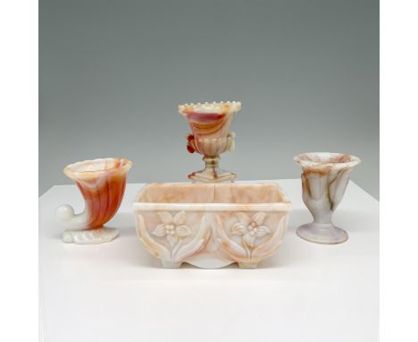 Vintage swirled amberina milk glass set featuring three toothpick holders: 1 cornucopia, 1 urn, and 1 hand-holding design, al