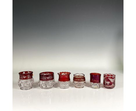 Collection of six toothpick holders, each featuring beautiful, intricate wavy designs with translucent brown red accents. Dim