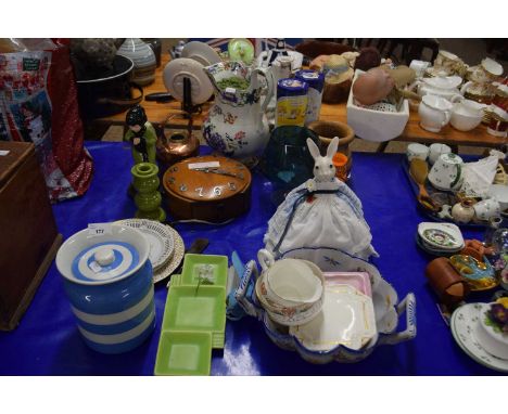 Mixed Lot: T G Green Cornish ware jar, a large Spode jug, a retro clock, various ornaments, vases, ceramics etc