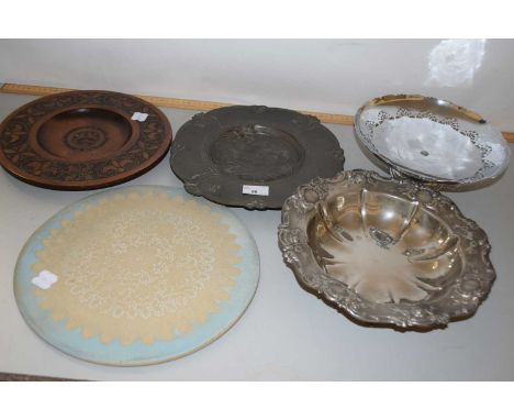 Mixed Lot: Various items to include an Art Nouveau style pewter charger decorated with a young lady, various serving dishes, 