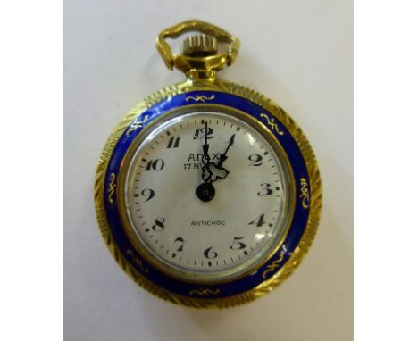 An 18ct gold and enamel ladies pocket watch by Apex with 17 jewel movement