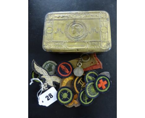 A WWI Princess Mary Christmas tin, together with various girl guide/Boy Scout patches; German Iron Eagle patch; A.P.R badge; 