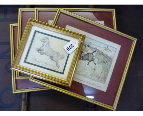 A set of four hand coloured book plates of hunting scenes, together with a miniature signed pencil sketch by Gascoigne Thomso