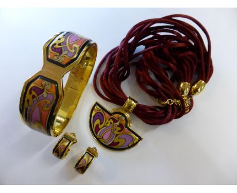 A Frey Wille gold plated enamel half moon pendant necklace together with matching earrings and bangle (3), 