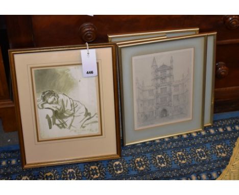 A Rembrandt facsimile sketch of a Girl sleeping, certificate verso, together with four framed book plates/prints of Oxford. (