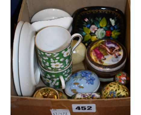 A nice collection of various enamel trinket boxes etc, to include Halcyon Days, Crummles, together with Royal Crown Derby pin