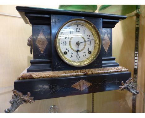 Antique Seth Thomas Adamantine mantle clock, c1880, faux marble finish, lion head handles and original label to back.