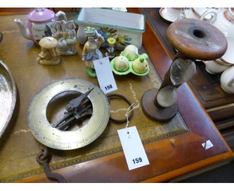 A Victorian brass and iron 300lb spring balance or butcher's scales, together with a large wood &amp; glass yarn reel hour gl
