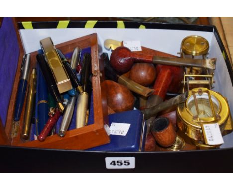 A rummage box, comprising of onyx desk top items; cufflinks; lighter; various smoking pipes, one with 18ct gold band; large q