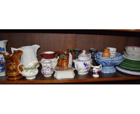 19th century English china and porcelain including pearlware pot lid, Wedegewood majolica plates, new Hall etc (qty)