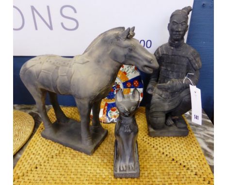 Xian Terracotta Warrior replica figure and horse statues, together with a Japanese plate and a Egyptain cat. (some a/f)