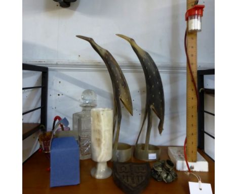 An unusual Singer skirt marker together with a pair of carved horn bird figures, miniature Guernsey can, decanter etc.