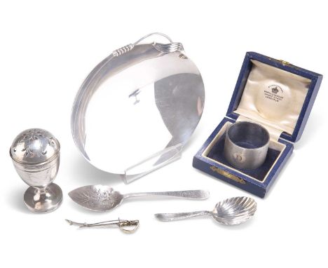 A GROUP OF SILVER, ETC. including a napkin ring by Mappin &amp; Webb, cased; a Victorian caster by Charles Stuart Harris; a p