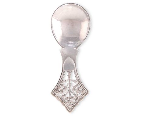 AN ARTS AND CRAFTS SILVER CADDY SPOON by Henry George Murphy, London 1929, with Falcon Studio mark, the fig-shaped bowl spot-