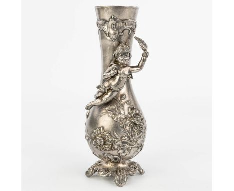 A vase decorated with putti and made of silver-plated metal in art nouveau style. Marked WMF, the first half of the 20th cent
