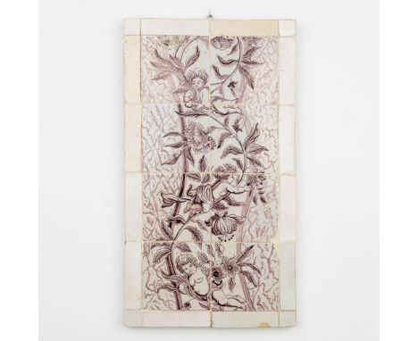 A fragment of a tile painting, decorated with putti. 18th century. (33 x 58 cm)