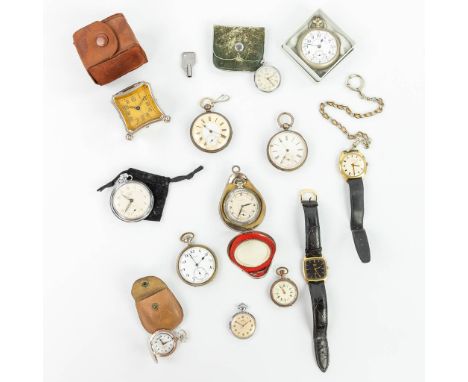 A collection of 10 pocket watches, 2 wristwatches and an officer's clock marked Junghans. 0