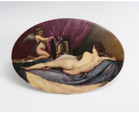 Porzellangemälde: Venus vor dem Spiegel. Heufel & Co. Stempelmarke Porzellanmalerei Heufel & Co., Dresden, 1900-1940.        