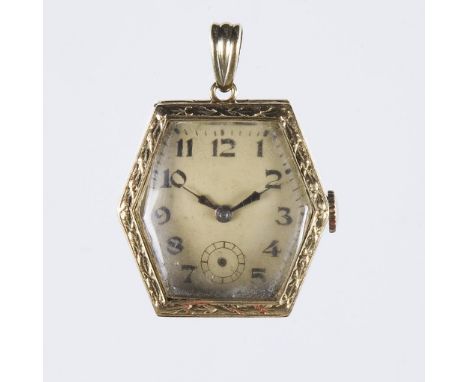 Art déco-Gold-Hängeuhr. Gehäuse-Nr. 24618.             585er Gelbgold (14 kt). Länge: 28 mm. 18 Gramm.             Rückseitig