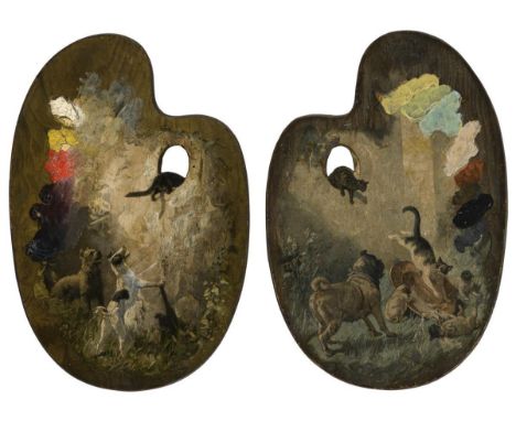                    SPERLING,             H.    Zwei bemalte Farbpaletten mit Hunden und KatzenÖl über Lithographie. Je im Dr