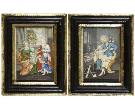             Zwei religiöse Szenen mit Anna, Maria und Joachim sowie mit JosephJe Tempera. Unsigniert. Je spätes 18. Jh. 24 x 