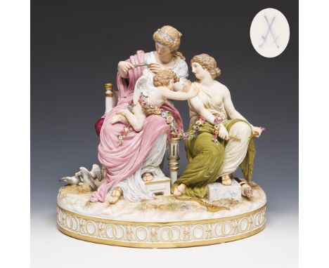 Große Figurengruppe: Amor in Nöten. Meissen. 1880-1923. Modell-Nr. I 82.Höhe: 33 cm. Modell von Christian Gottfried Jüchtzer 