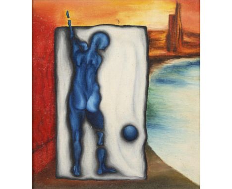             Kleines surrealistisches GemäldeÖl/Sperrholz. Unsigniert, verso als "Horst Antes" bezeichnet sowie Besitzeradress