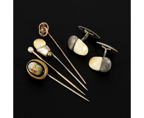  4 Krawattennadeln und Manschettenknopfpaar.             Gelbgold 2x, geprüft. Silber 1x, 800 gestempelt. Metall. L 6 cm. 2 x