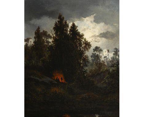             Romantiker: Vollmondnacht mit Hirten am FeuerÖl/Holz. Unsigniert, verso Klebezettel des Vergolders Carl Hoffinger
