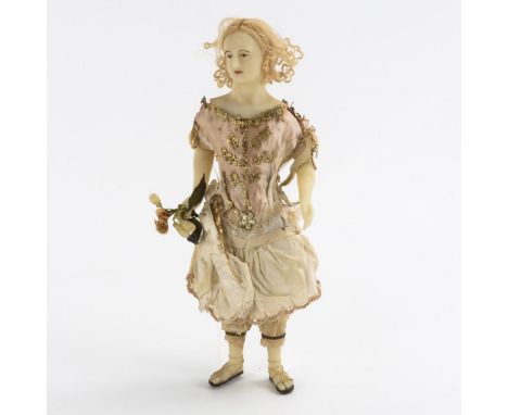 Originalbekleidete Wachspuppe. Ungemarkt.             L 40 cm.             Eventuell Krippenfigur: Brustkopf mit eingelegten 