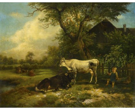                     SCHOU,             S.H.    Genreszene mit Rindern und KindÖl/Leinwand. Links unten signiert. 2. H. 19. Jh