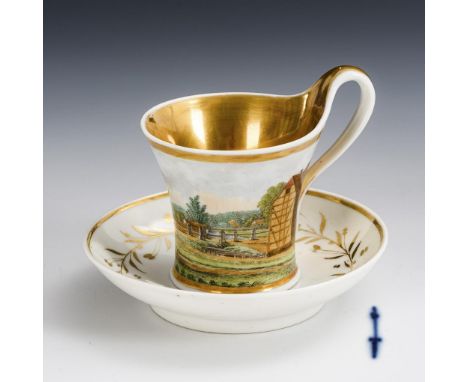 Ansichtentasse Neubrandenburg. KPM Berlin. Zeptermarke, um 1800. Unterseitig signiert "Randow(?) pinx.".             Polychro