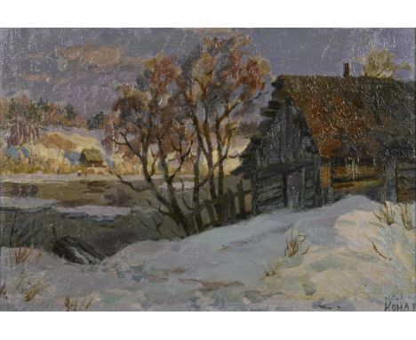                     KONDRASCHOWA,             L.(* 1948)    WinterabendÖl/Leinwand. Rechts unten kyrillisch signiert, verso k