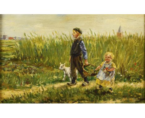             Genreszene mit Kindern und ZickleinÖl/Holz. Unsigniert. 2. H. 19. Jh. 19,5 x 31,5 cm. Gerahmt : 37,5 x 49 cm.    