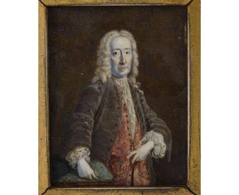 Barocke Miniatur: Hüftbildnis eines Adligen. Verso jünger Godfrey Kneller zugeschrieben und betitelt sowie Zeitungsausschnitt