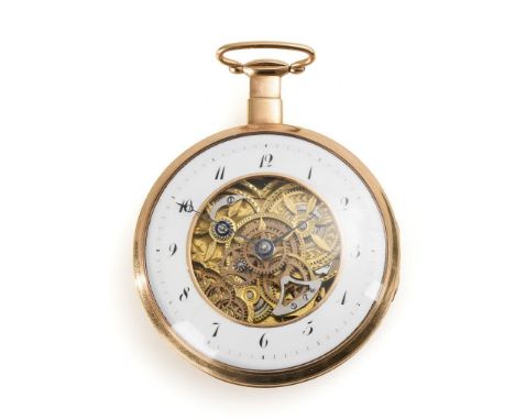  Seltene, große skelettierte Goldtaschenuhr mit Viertelstundenrepetition. 1. H. 19. Jh. Gehäusenr. 2373.Werk mit Spindelhemmu