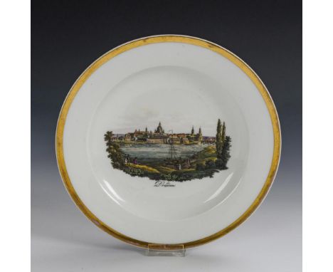 Ansichtenteller "Dresden". Meissen. Knaufschwerter, 1. H. 19. Jh.             Polychrome Malerei über Vordruck, Goldstaffage.