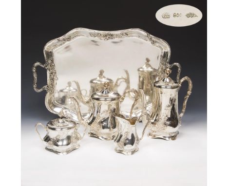 Jugendstil-Kaffee- und Teeservice. Hugo Böhm, Schwäbisch Gmünd. Um 1900.             800er Silber. Breite: 56 cm, Höhe: 13-24