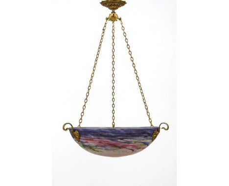 Jugendstil-Deckenlampe. Muller Frères. Ätzmarke "Muller Frères Luneville". Um 1920. Frankreich.Bronze, Glas mit violetten, gr