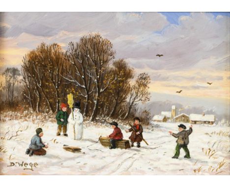                     WEGE,             Dieter(* 1939 Ballenstedt/Harz)    Spielende Kinder im SchneeÖl/Sperrholz. Links unten 
